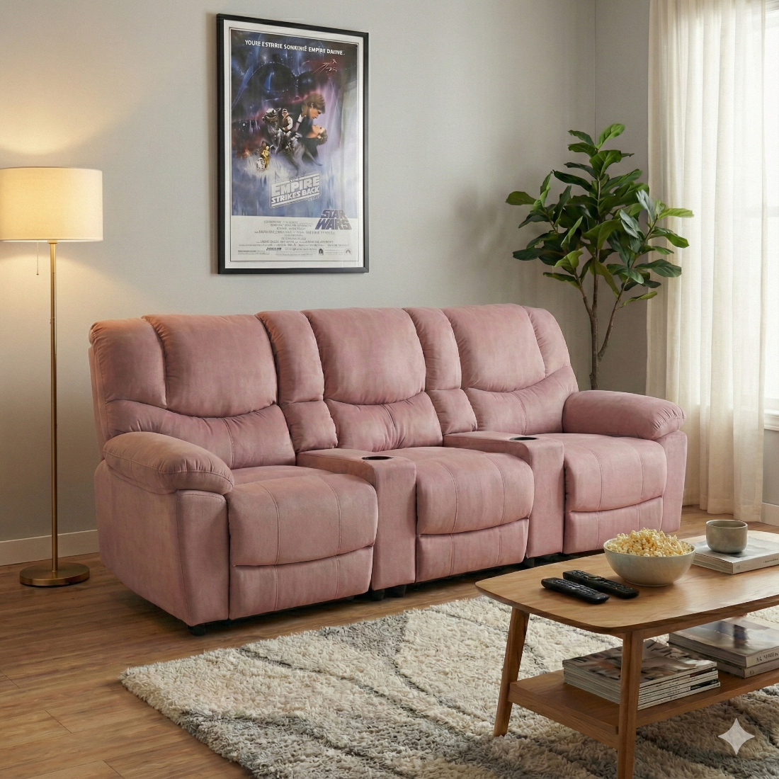 Living room with pink sofa, coffee table, and movie poster on the wall.